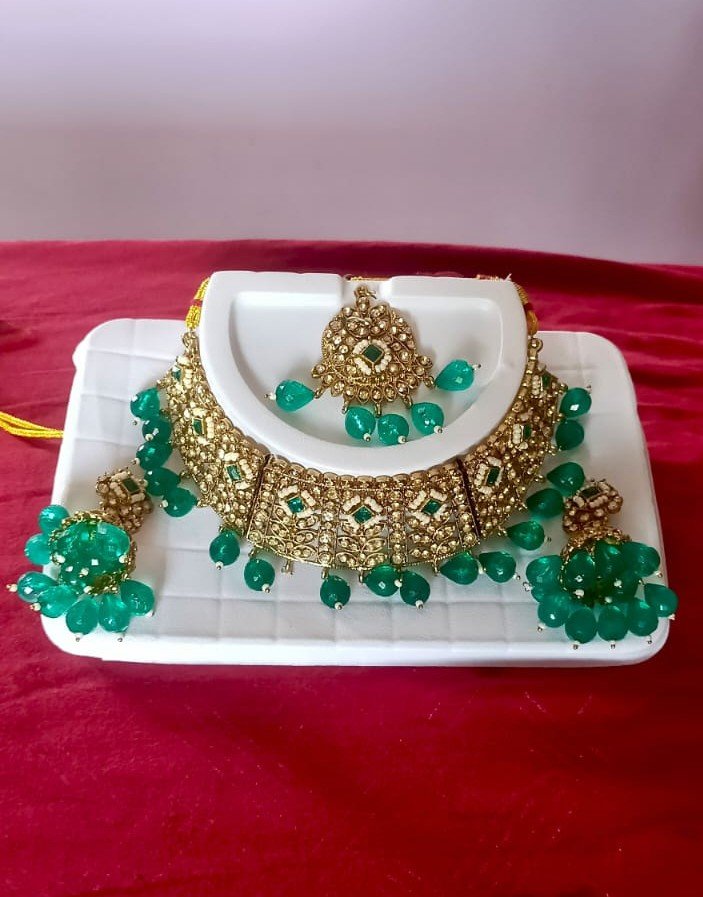 green beads & kundan choker necklace set