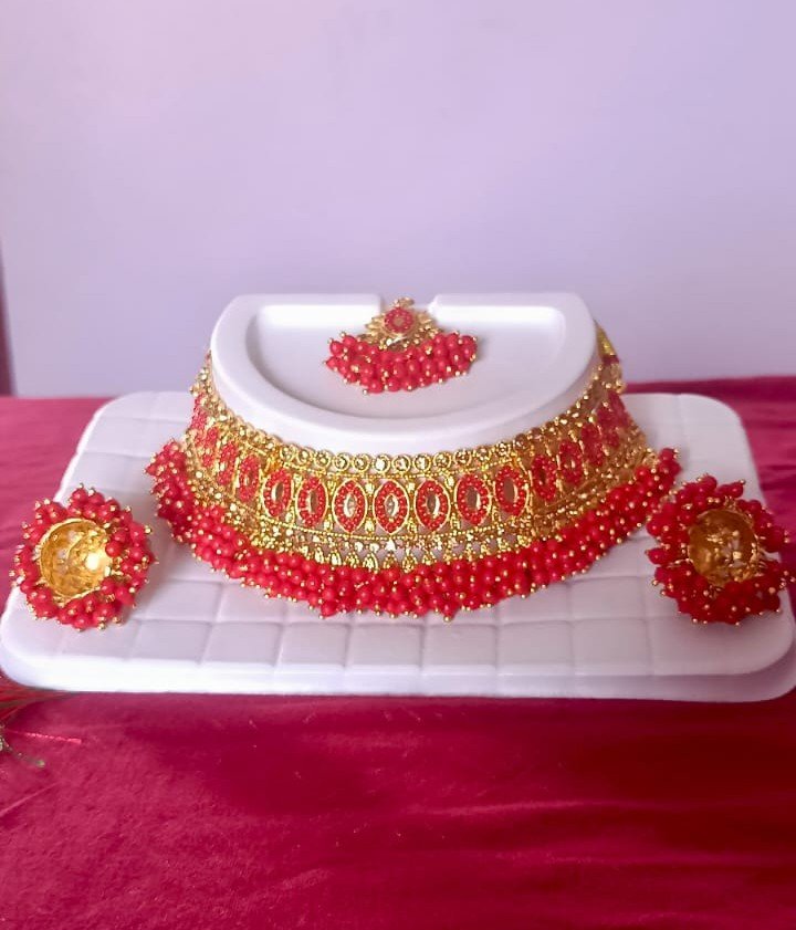 red beads kundan choker necklace set